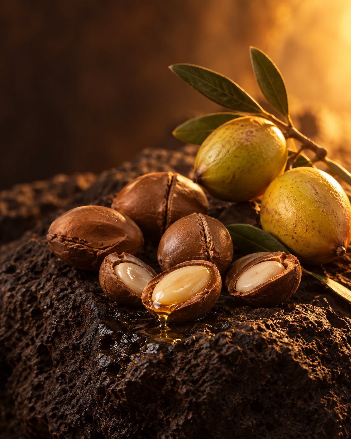 Kara taş üzerinde argan cevizleri, kırılmış çekirdekler ve argan meyveleri