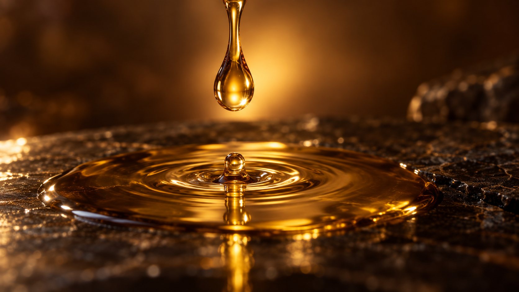 Taş yüzeydeki yağ birikintisine düşen altın rengi argan yağı damlası